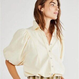 Free People Suhrie Cream Denim Button Down Puff Sleeve size XL Extra Large